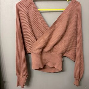 Pink Ribbed Wrap Sweater